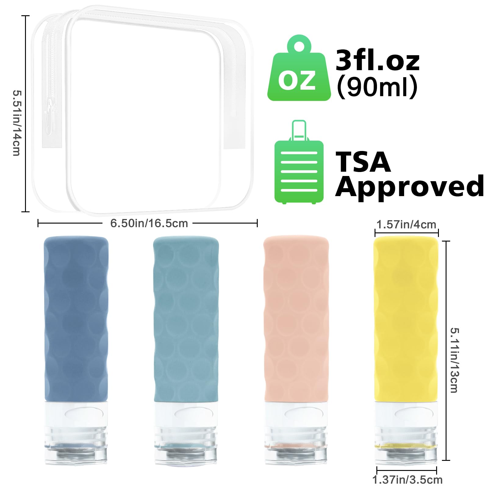 Silevoler Travel Bottles for Toiletries, 4pcs Tsa Approved 3oz Travel Size Containers, BPA Free Leak Proof Premium Silicone Bottles, Refillable Liquid Squeezable Accessories W/Toiletry Bag(Bright)