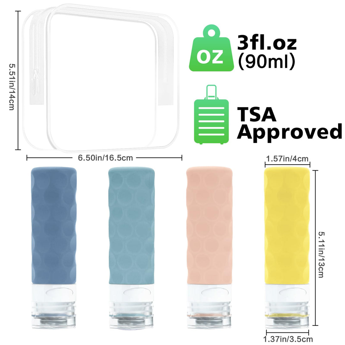 Silevoler Travel Bottles for Toiletries, 4pcs Tsa Approved 3oz Travel Size Containers, BPA Free Leak Proof Premium Silicone Bottles, Refillable Liquid Squeezable Accessories W/Toiletry Bag(Bright)