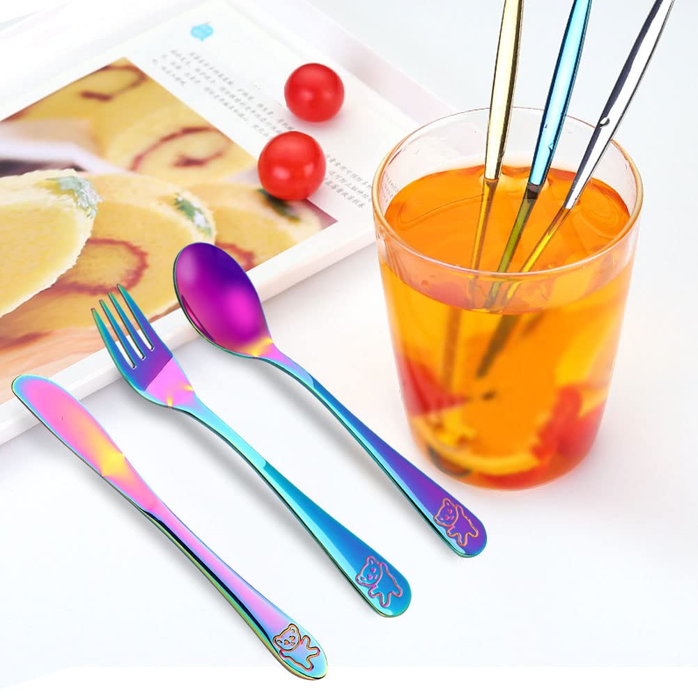 Pimoys 6 Pieces Rainbow Kids Silverware Stainless Steel Child and Toddler Utensils, Children's Safe Flatware Metal Cutlery Set Includes 2 Children Knives, 2 Forks & 2 Spoons