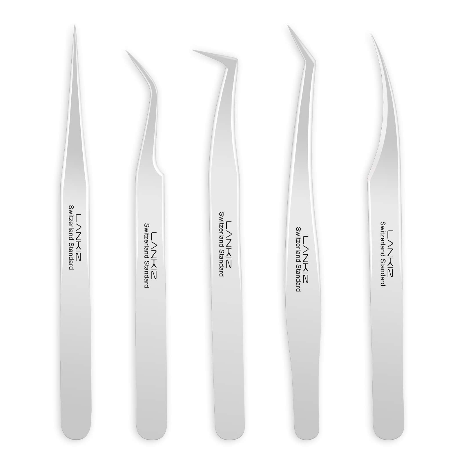 LANKIZ Eyelash Extension Tweezers Set 5 PCS for Volume Lash Extensions Stainless Steel Straight and Curved Tips Eyelash Tweezers for Extensions Isolation Fanning Applicator -Silver