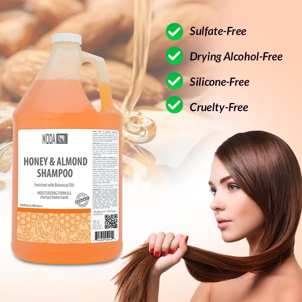 MODA - Moisturizing Shampoo for All Hair Types, Honey Almond, 128 Oz, Professional - Deeply Cleanses and Conditions, Strengthens, Restores and Shine your Hair