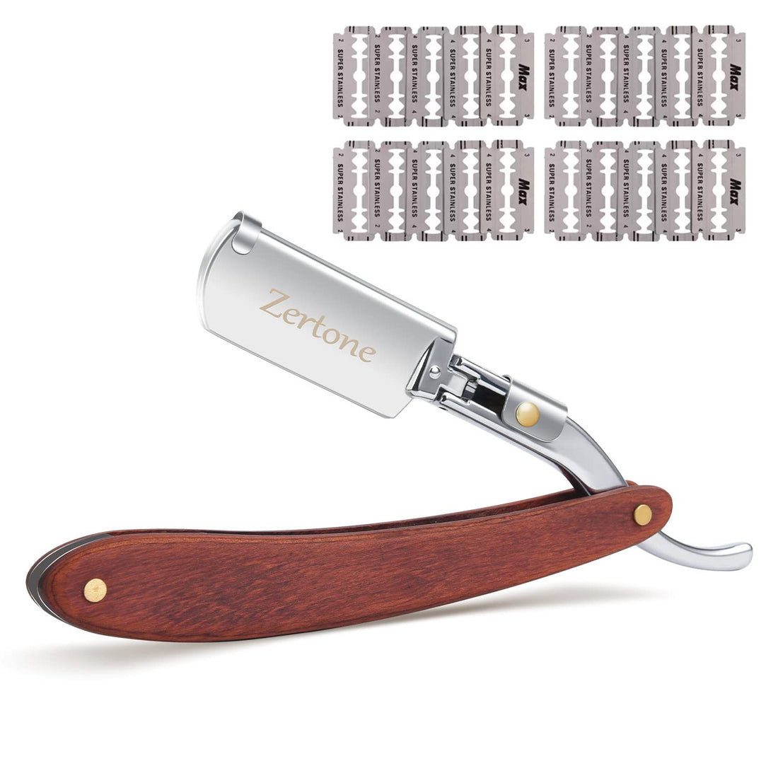 Zertone Aluminum: Straight Edge Razor Natural Wood Scale With Five Double Edge Blades - Professional And Close Shaving - Men'S Manual Shaver, Barber Approved
