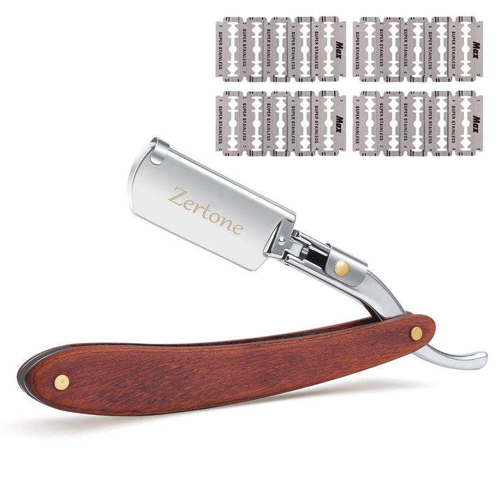 Zertone Aluminum: Straight Edge Razor Natural Wood Scale With Five Double Edge Blades - Professional And Close Shaving - Men'S Manual Shaver, Barber Approved