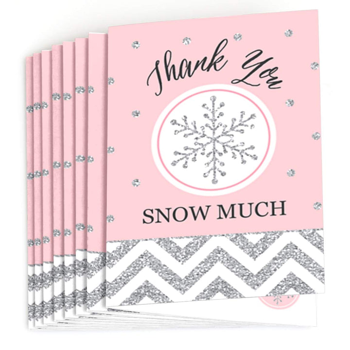 Pink Winter Wonderland - Holiday Snowflake Birthday Party or Baby Shower Thank You Cards (8 Count)