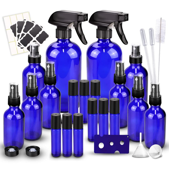 Glass Spray Bottles Kits, BonyTek Empty 12 10 ml Roller Bottles, 12 Amber Essential Oil Bottle(216oz,24oz,82oz) with Labels for Aromatherapy Cleaning Products