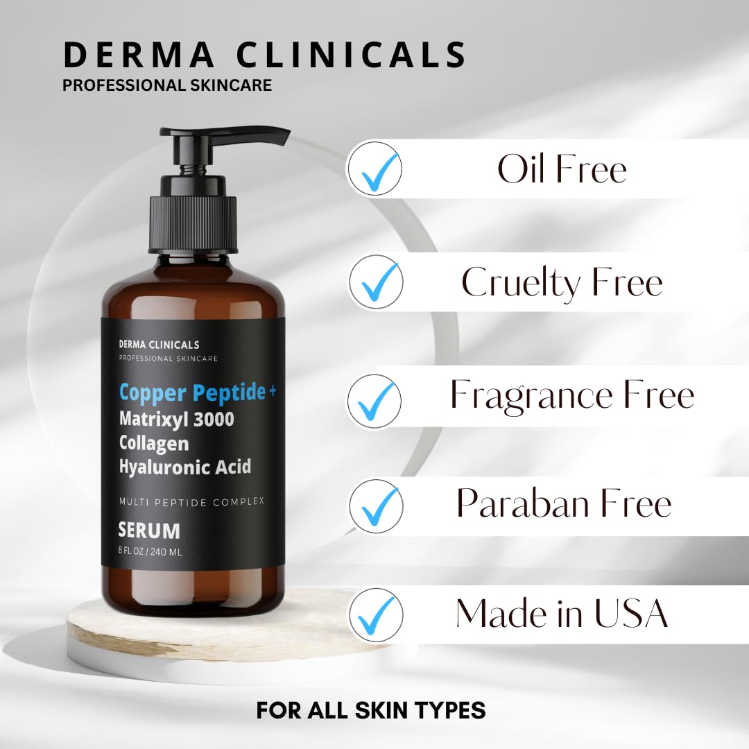 Copper Peptide + Matrixyl 3000, Collagen, Hyaluronic Acid Serum for face, Multi Peptide Firming and Plumping Serum, Anti-Wrinkle, Anti-Aging Face Serum - 8oz