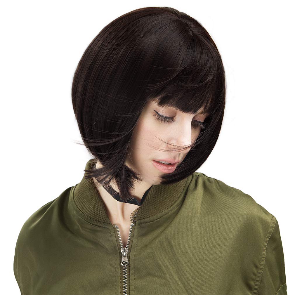 REECHO 11 Short Bob Wig with bangs Synthetic Hair for White Black Women Color: Black Brown