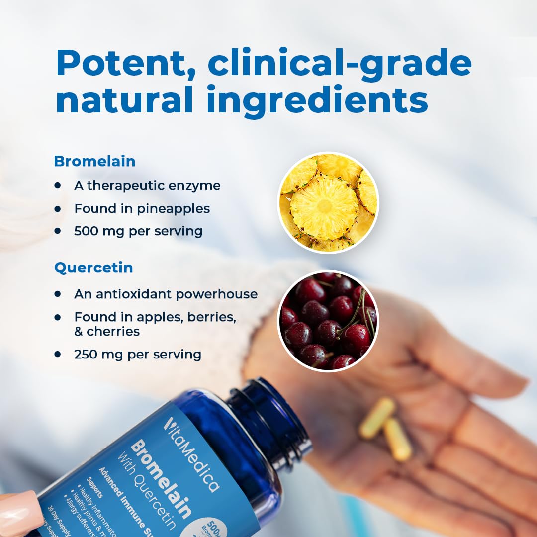 VitaMedica Bromelain & Quercetin Supplement - 500mg Bromelain 250mg Quercetin - 2400 GDU for Immunity, Joint Support, Inflammation and Muscle Recovery - 60 Vegan Capsules - 30 Servings
