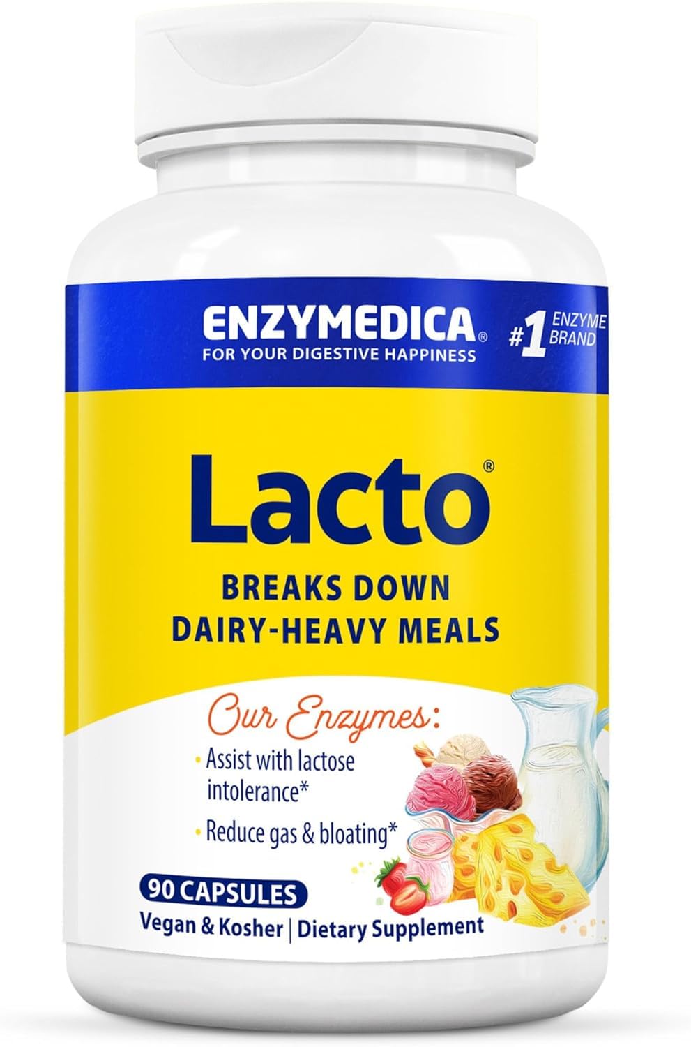 Enzymedica Lacto, Maximum Strength Formula for Dairy Intolerance, with Enzymes Lactase and Protease, Relieves Digestive Discomfort, 90 Capsules (90 Servings)