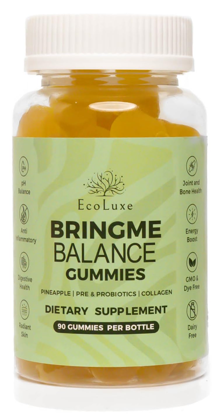 EcoLuxe BRINGME Balance: Pre & Probiotic, Collagen Gummies - Balanced pH, Healthy Odor, Radiant Skin, & Digestive Health, All Natural Ingredients & Low Sugar - Tasty Pineapple (90 Count)