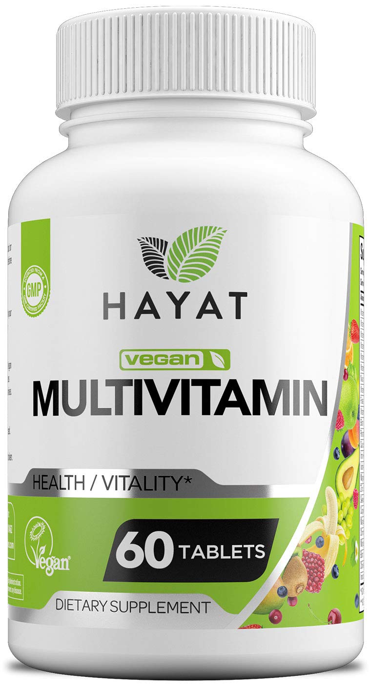 HAYAT Vitamins Vegan Natural Multivitamin, Daily Vitamins with Vitamin A, C, D, E, B1, B2, B3, B6, B12, Biotin, Zinc and More, 2 Month Supply, All Natural, Certified Halal, 60 Tablets, Made in The USA