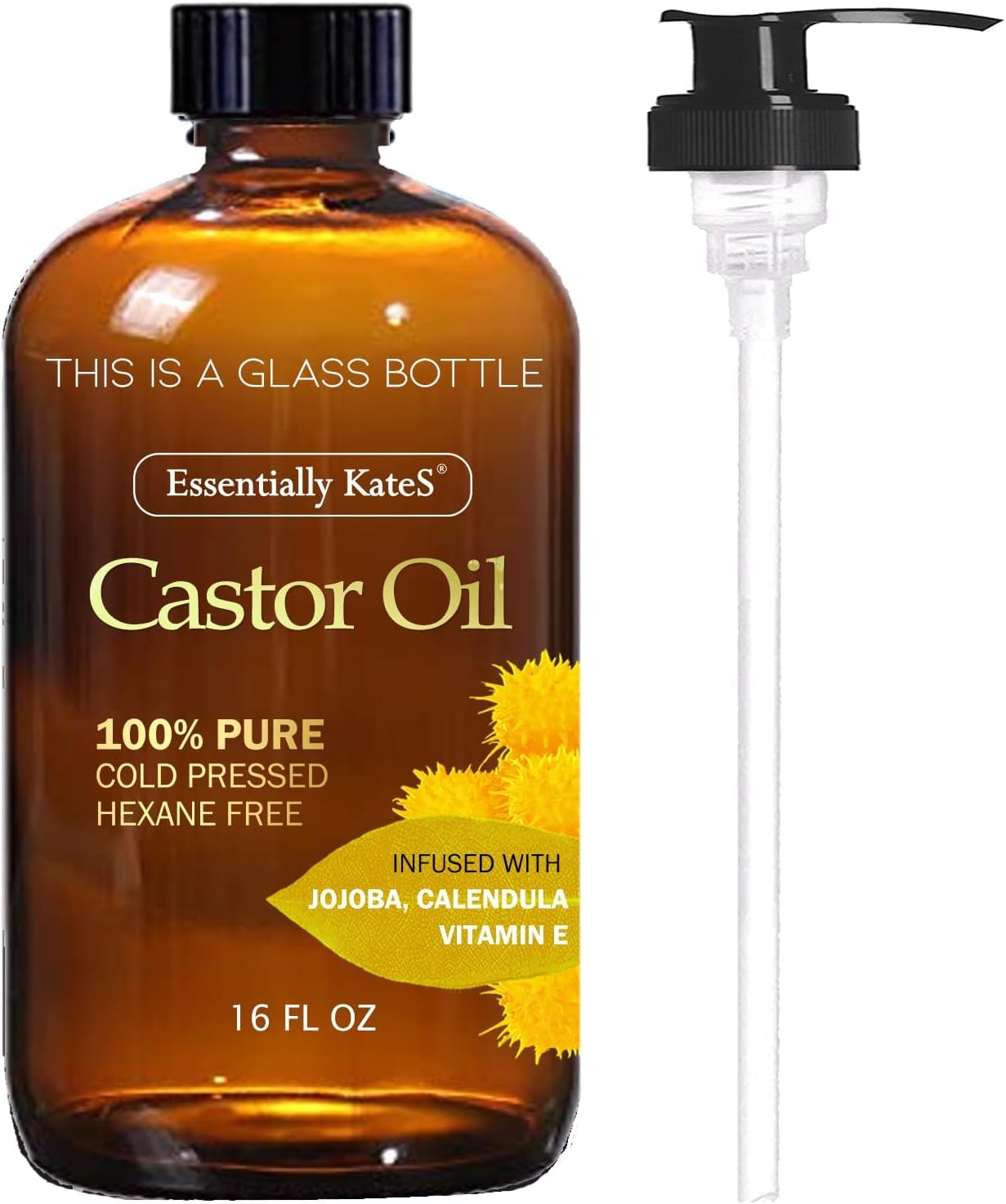 Castor Oil 16 Fl Oz (Glass Bottle) - Jojoba + Calendula + Vitamin E - A Huge Glass Bottle with a Pump - 100% Pure and Natural, Cold Pressed, and Hexane-Free - Hair Oil, Body Oil