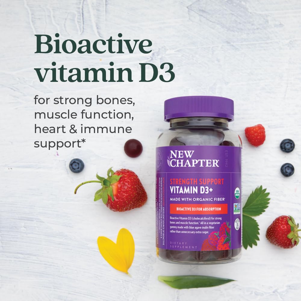 New Chapter Organic Vitamin D3+ Gummies – 72% Less Sugar§, 1,000 IU USDA Organic Vitamin D, ONE Daily Gummy for Strong Bones & Muscle Function, Non-GMO, Gluten Free, Mixed Berry Flavored, 60ct