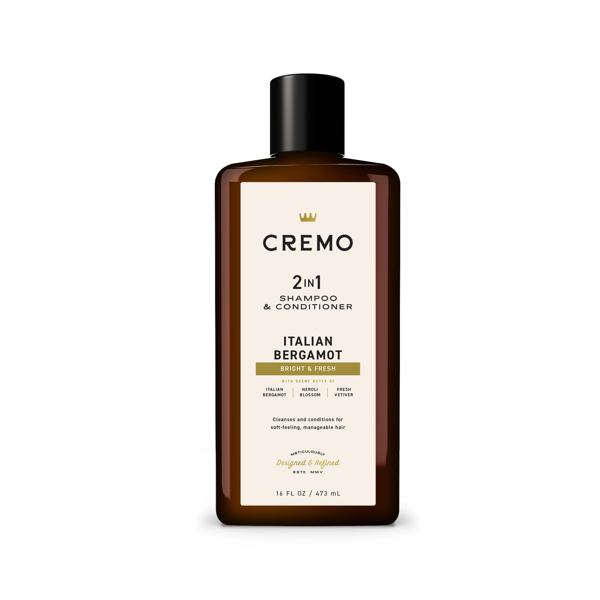 Cremo Italian Bergamot 2 in 1 Shampoo & Conditioner for Men, Notes of Italian Bergamot, Neroli Blossom, and Fresh Vetiver, 16 Fl Oz