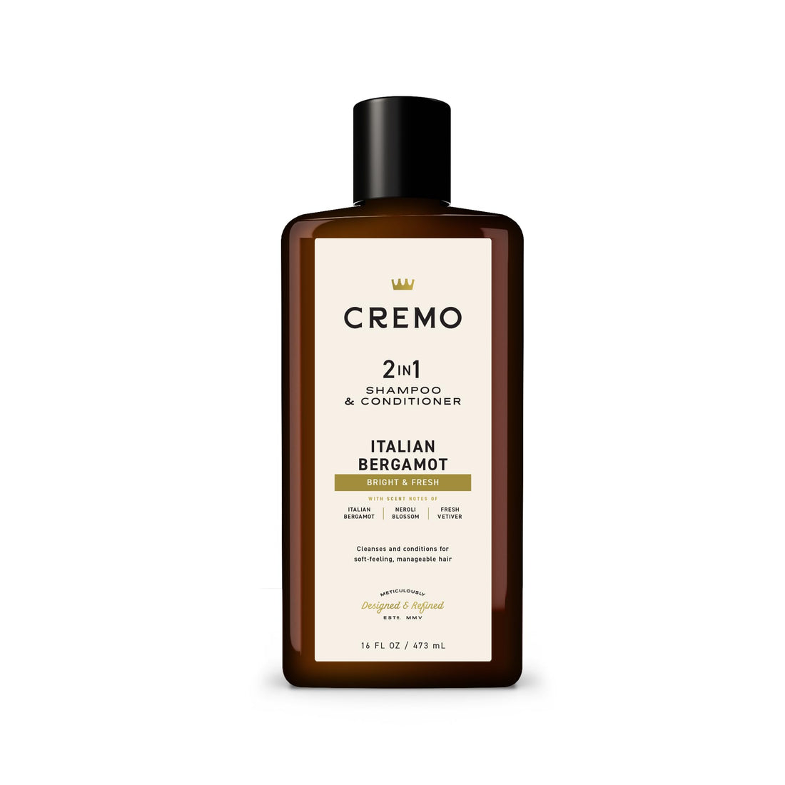 Cremo Italian Bergamot 2 in 1 Shampoo & Conditioner for Men, Notes of Italian Bergamot, Neroli Blossom, and Fresh Vetiver, 16 Fl Oz