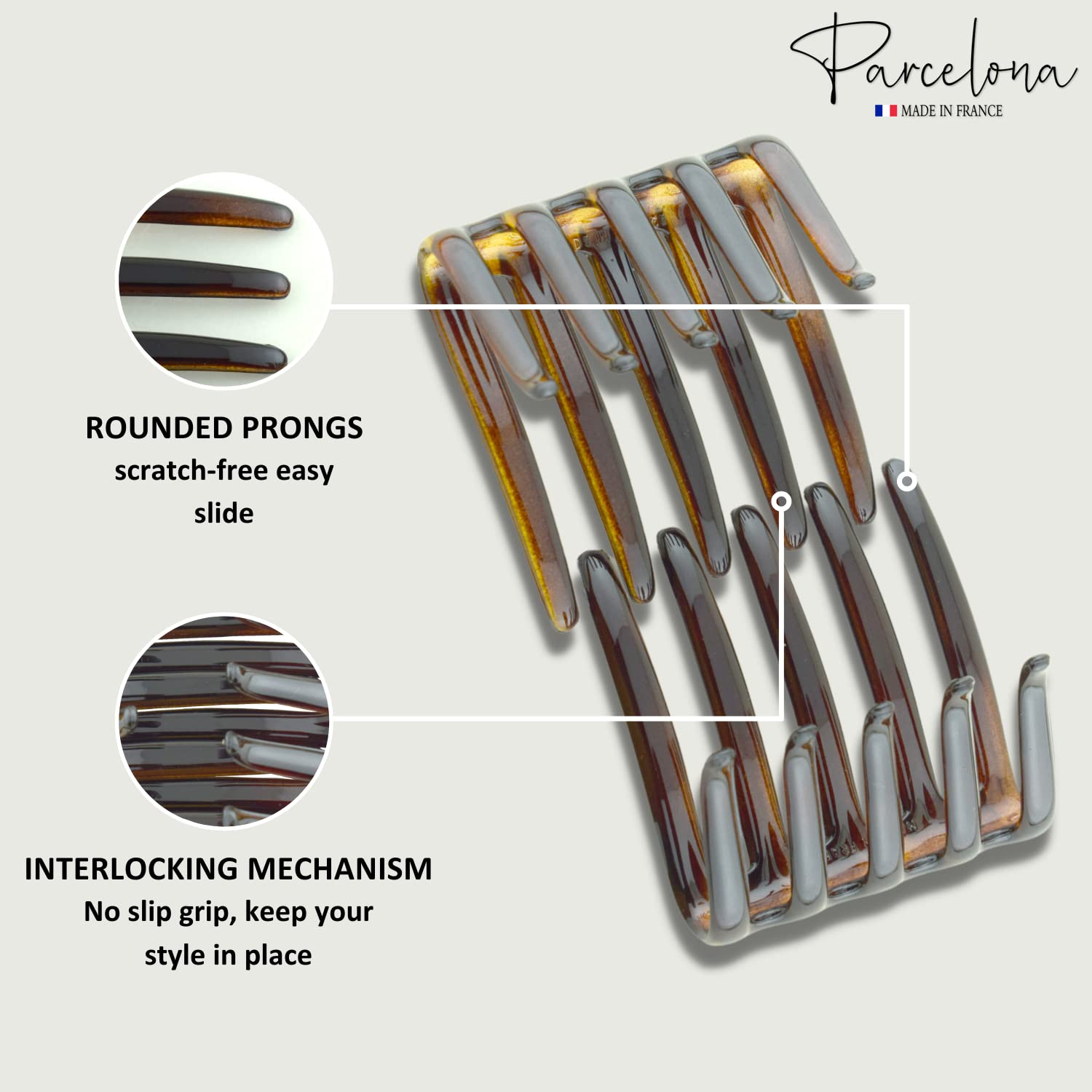 Parcelona French Crab Interlocking Medium Celluloid Shell Hair Clip Side Comb 2 1/4 Inches