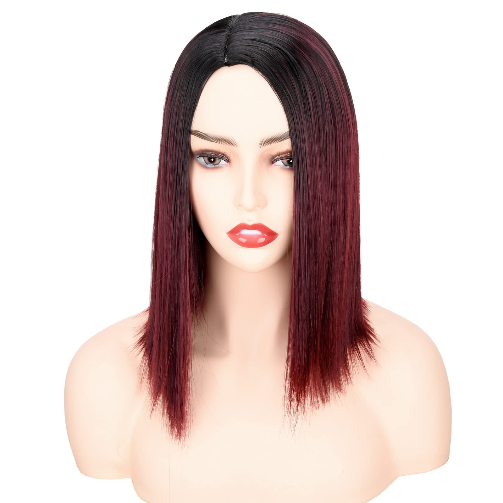 #1B/99J: Ahairbeauty Red Ombre Short Bob Straight Synthetic None Lace Hair Wigs Dark Roots Left Part For Women Black & Burgundy(#1B/99J)