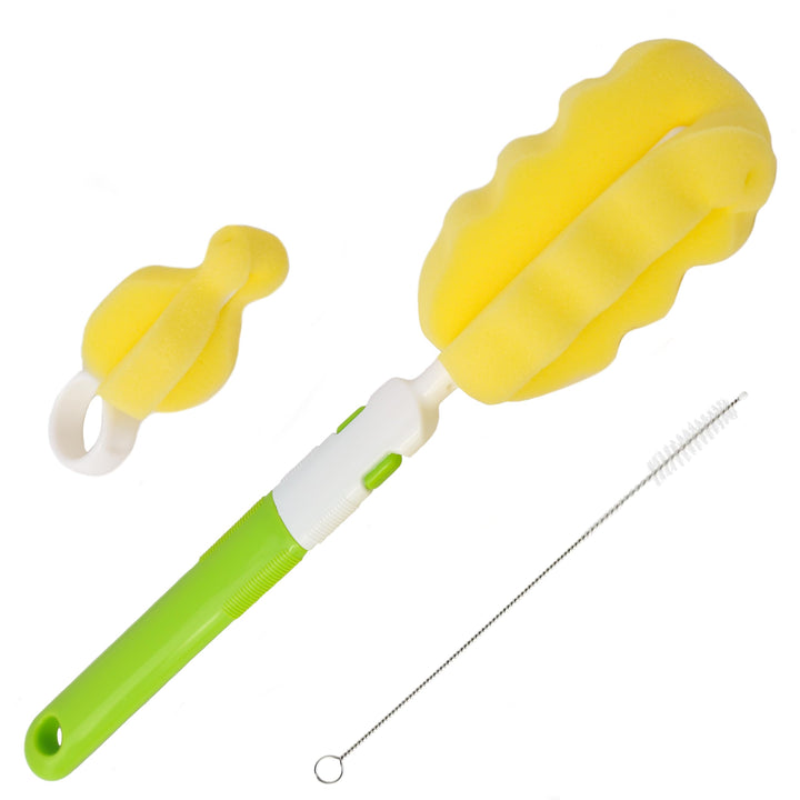 MoomooBaby Triple Baby Bottle Cleaner Brush Set - Includes Baby Bottle Brush Cleaner, Nipple Brush & Straw Cleaning Brush - Eco-Conscious Plastic Handle with Non-Slip Grip, Replaceable Sponges - Green