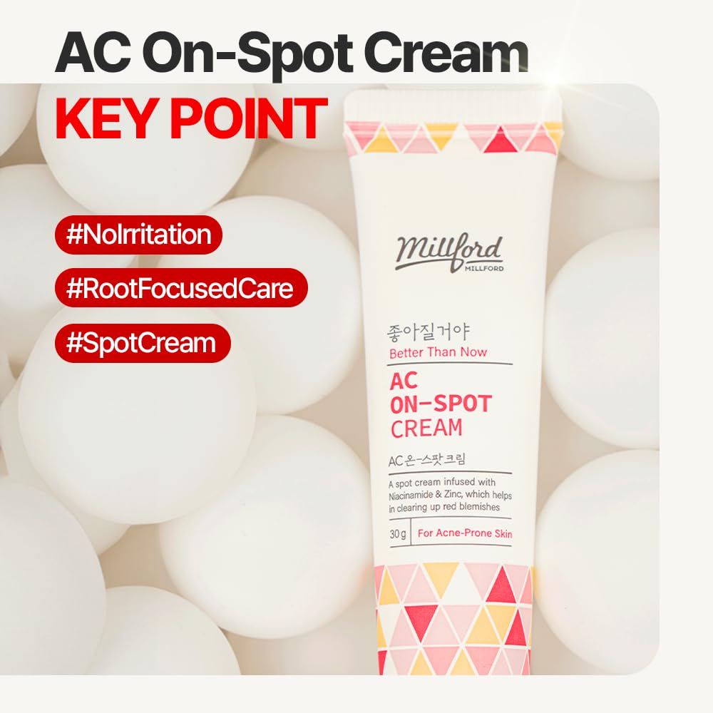 Millford AC On-Spot Cream 30g/1.05 Oz, Zinc Oxide 10%, Niacinamide 2%, Acne Care, Blemish Treatment, Dark Spot, Korean Skincare