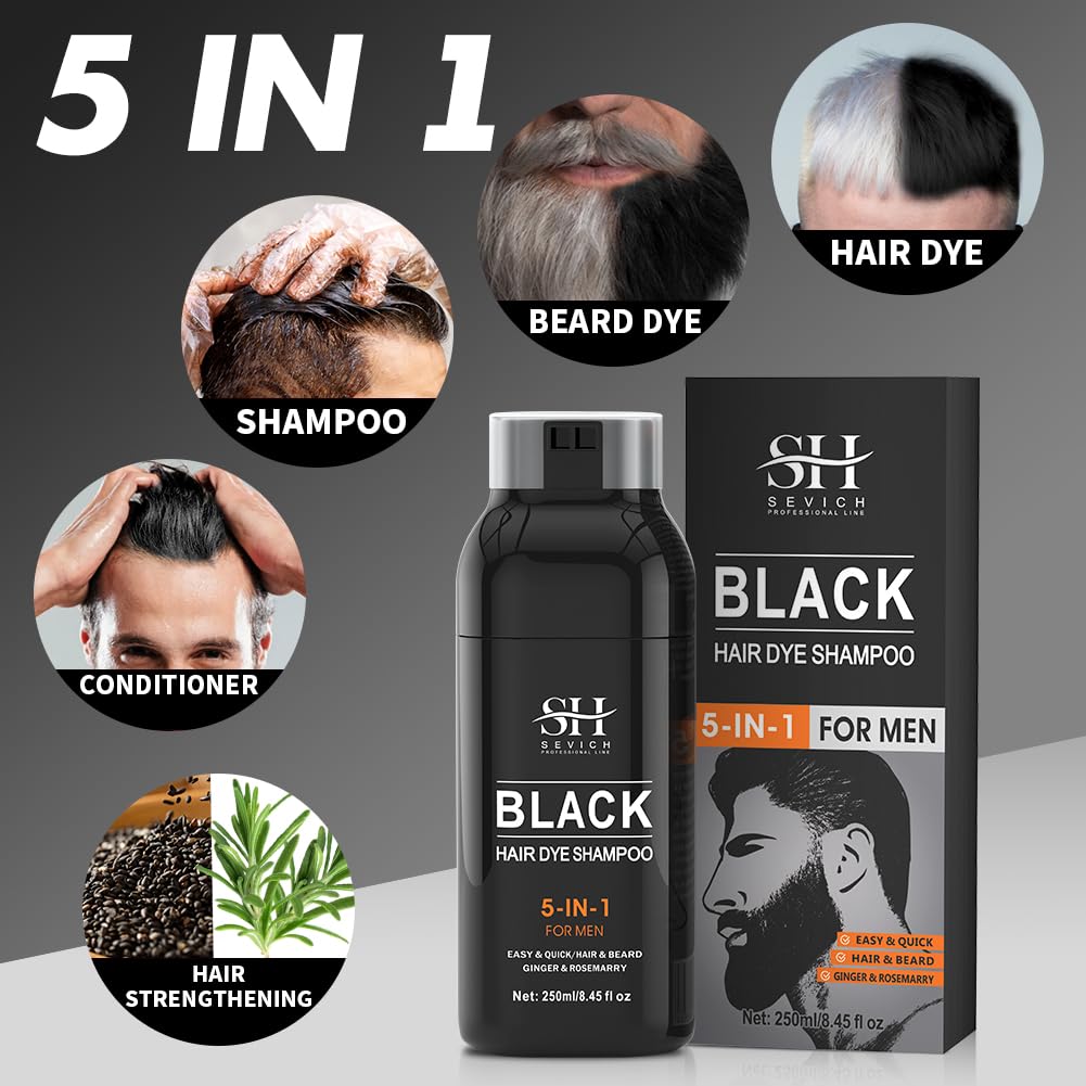 SEVICH Black Hair & Beard Dye Shampoo,Semi Permanent Hair Color,Shampoo for Gray Hair and Beard Coverage for Men, 5 in 1 Dye Shampoo Conditioner with Natural Ingredients, 250ML