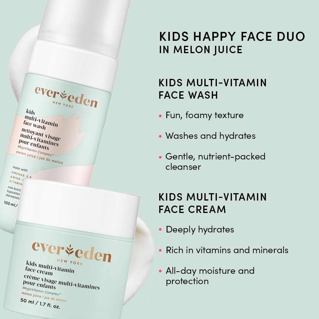 Evereden Kids Happy Face Duo (Melon Juice) - Multi-Vitamin Kids Face Wash & Kids Face Cream Set - Clean & Vegan Skin Care for Kids 3+ - Moisturizing, Nourishing, & Protective Kids Skin Care Set