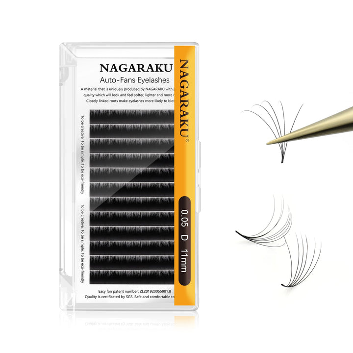 NAGARAKU Easy Fan Eyelash Extensions Volume Lash 0.05 D curl 11mm Rapid Blooming Faux Mink Cluster For Beginners Soft Professional Lash Supplies