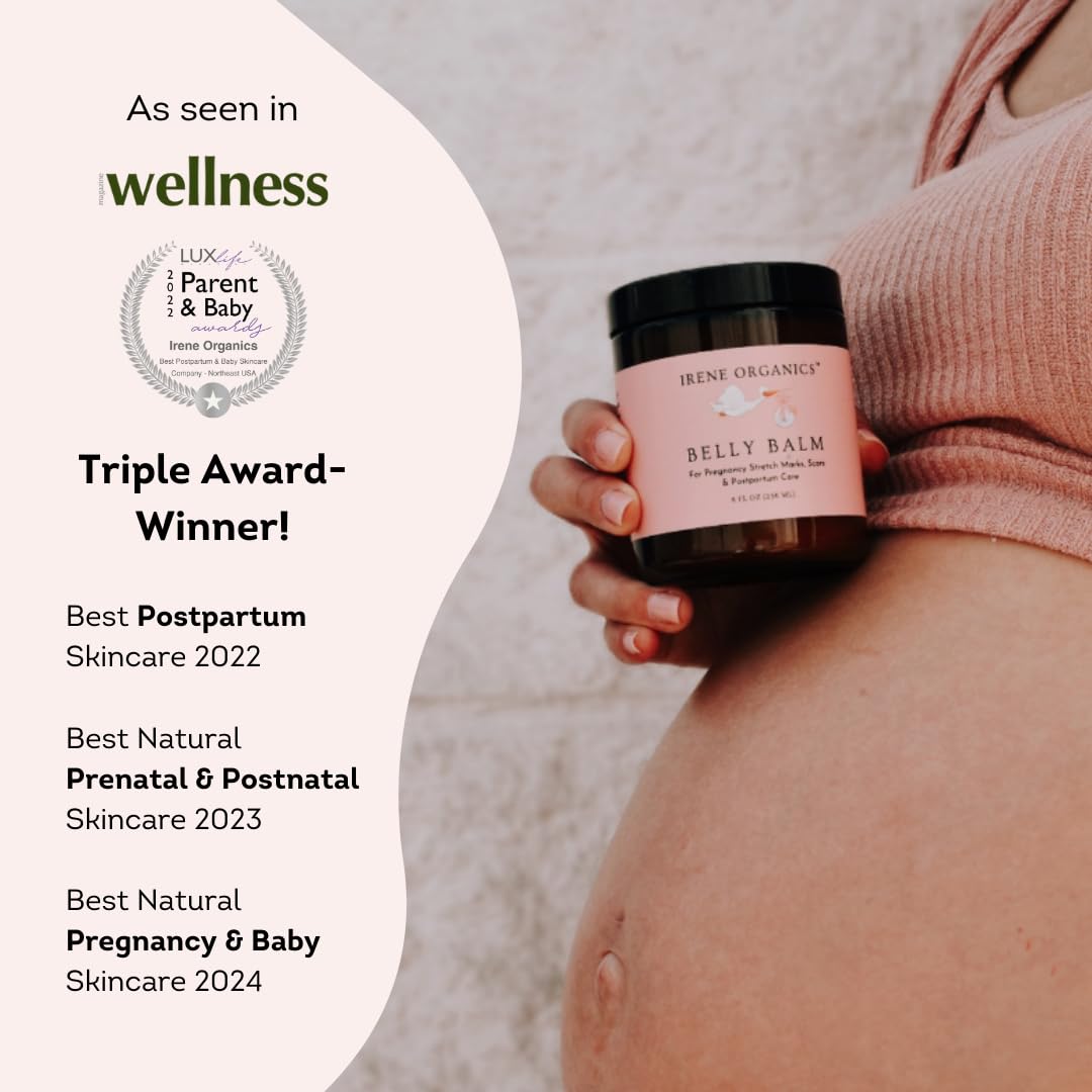 Irene Organics Organic Belly Butter for Pregnancy Stretch Mark Prevention and Treatment Award Winning Anti Stretch Mark Tummy Balm For Pregnancy and Postpartum 8oz - Hydrating Bump Cream