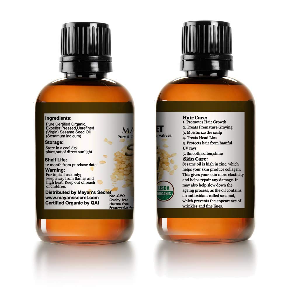 Mayan's Secret USDA Certified Virgin Organic Sesame Seed Oil Unrefined 100% Pure Natural For Skin, Body, Face, and Hair Growth Large 4oz Glass Bottle