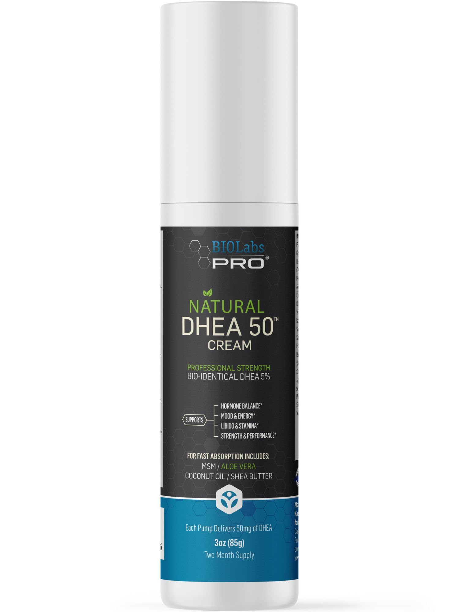 DHEA Cream 50mg for Women and Men, Maximum Strength Natural DHEA Cosmetic Formulation for Skin Hydration Balance, Pure, Non-GMO, Gluten-Free, Paraben-Free, Skin Cream 2-Month Supply (Unscented - 3oz)