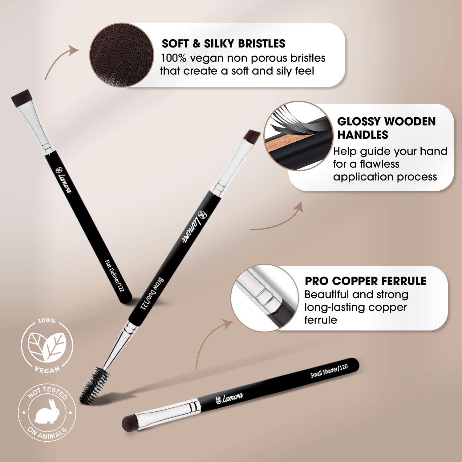 Eyebrow Brush - Duo Eye Brow Spoolie - Angled Eyeshadow Eyeliner - Precision Flat Definer - Small Shader - Premium Quality 3 Piece Set - Cruelty Free Synthetic Bristles - Apply Gel Powder Wax Pomade