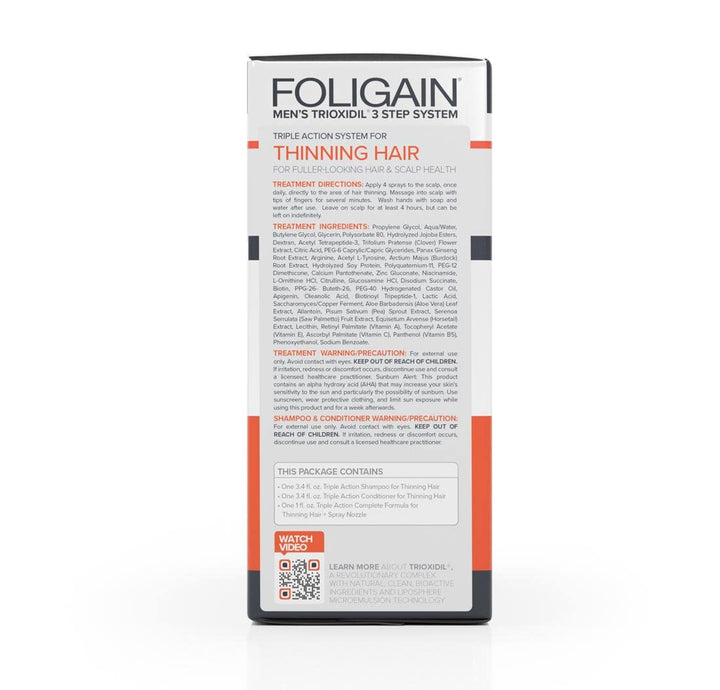 Foligain Triple Action Hair Care System For Men, Revitalizing Hair Products, 3-Piece Travel Set,13260