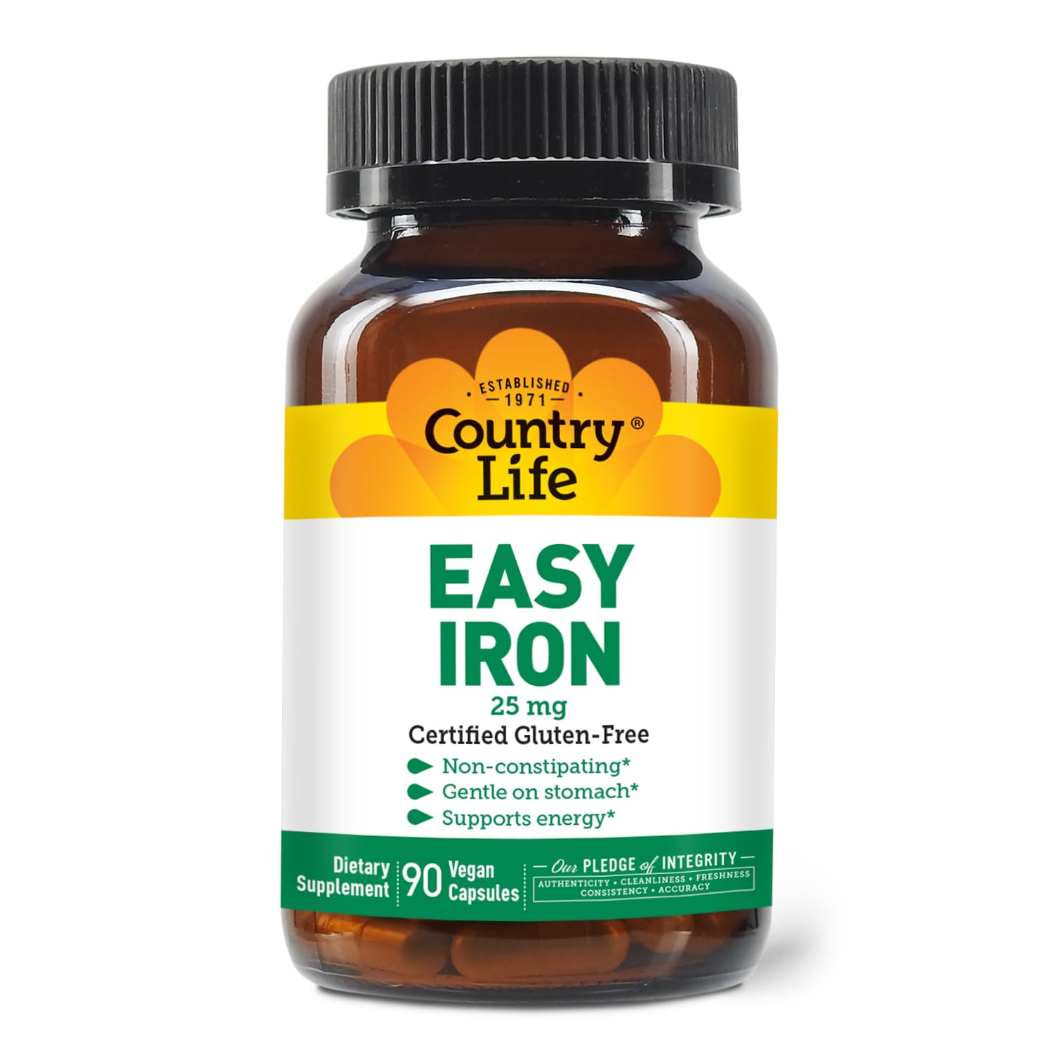 Country Life Easy Iron 25mg Capsules - Gentle Non-Constipating Ferrochel - Vegan Vitamin Supplement for Women & Men - Supports Body Energy - Multivitamin with Iron