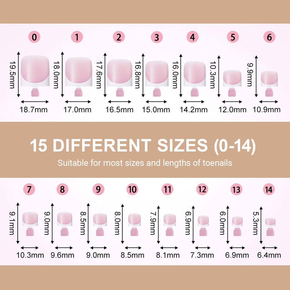 Toe Nail Tips, Brown Soft Gel Press On Toenails, 150Pcs Short Square French Toenail Full Cover Press On Fake Toe Nails Salon Home DIY 15 Sizes