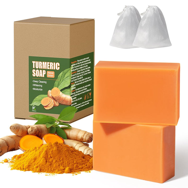 MuseGlisten Turmeric Soap Bar For Face and Body, Handmade Tumeric Body Wash Soap, 3 In 1 Gentle Organic Facial Cleanser Bar Soap For Acne, 2Pack