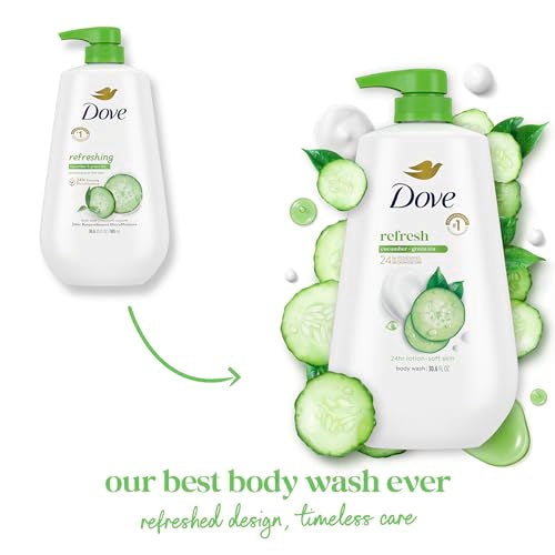 Dove Body Wash with Pump 3 Count Refresh Cucumber and Green Tea for 24hr Lotion-Soft Skin Moisturizing Skin Cleanser with No Sulfates No Parabens