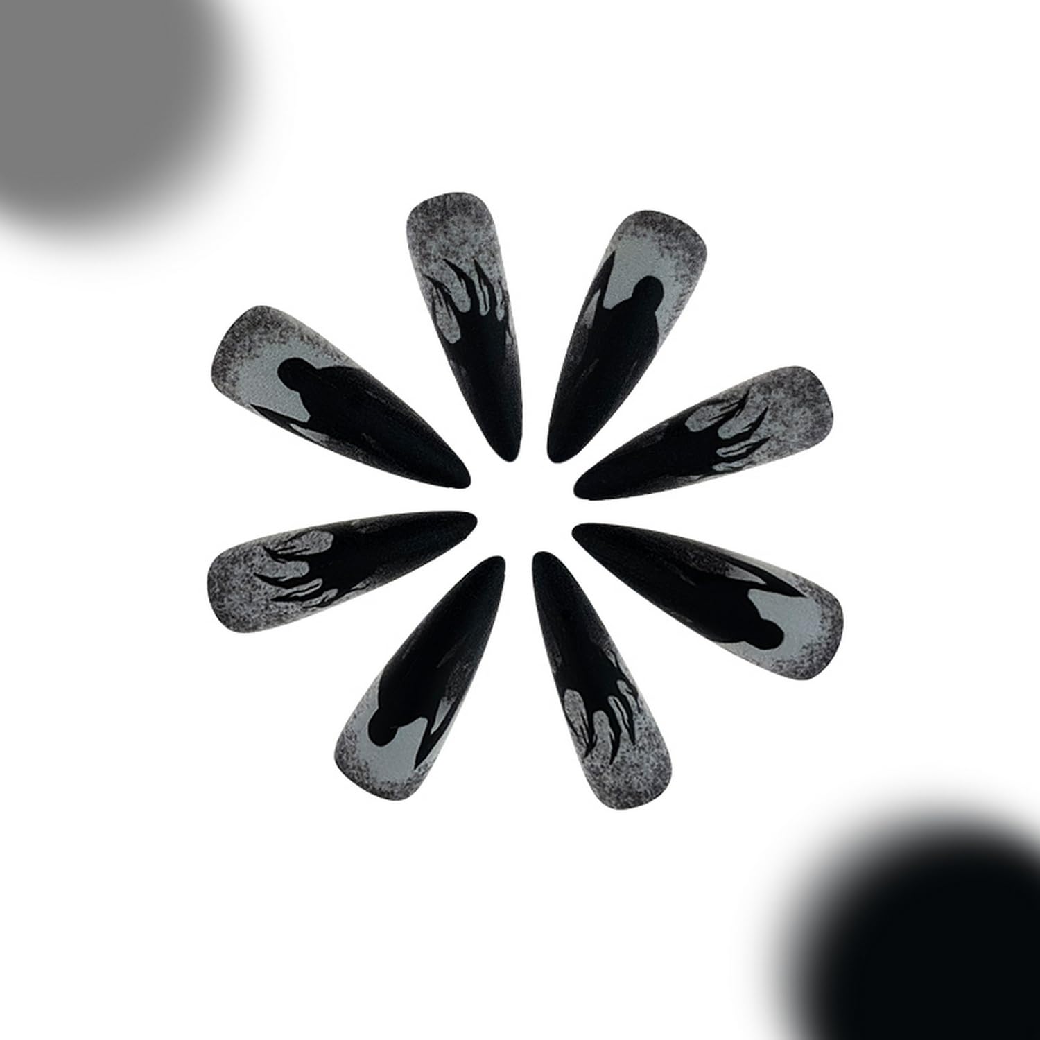 Halloween Press on Nails Almond Fake Nails with Bat Palm Tree Designs Black Grey Stick on Nails Full Cover Horror Nails for Women Girls Halloween Party Manicure