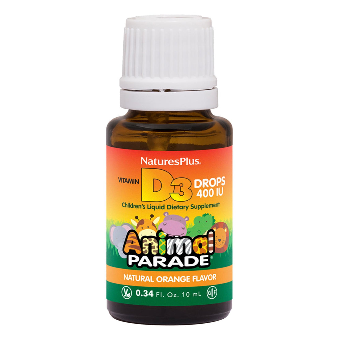 NaturesPlus Animal Parade Source of Life Liquid Vitamin D3 Drops for Children - 200 iu, 10 ML - Orange Flavor - Bone Health & Immune System Support Supplement - Gluten-Free, Vegetarian - 365 Servings
