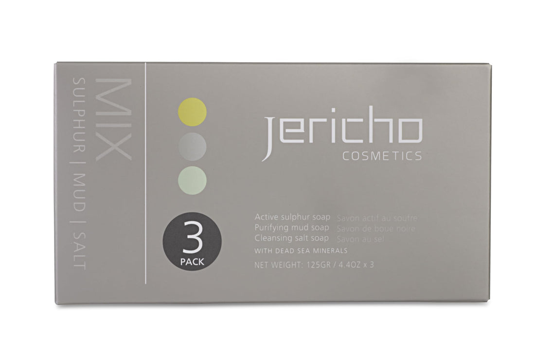 Jericho Cosmetics Natural Soap Variety Pack – 3 Bars (Sulfur, Dead Sea Mud, and Mineral-Rich) – Dead Sea Minerals, Vegan, & Triple Milled for All Skin Types – 3 x 4.4 oz Bars