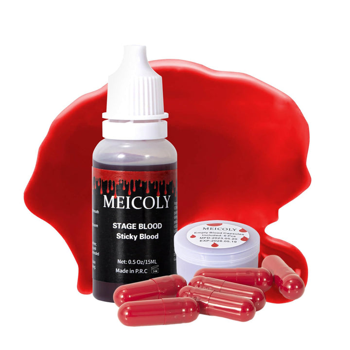 MEICOLY 0.5OZ Edible Fake Blood with 6 Packs Empty Capsules,Washable Stage Blood Sangre Falsa,Realistic Dripping Sticky Fake Blood for Halloween, SFX,Special Effect Makeup for Zombie Vampire