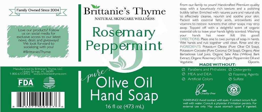 Brittanie27s Thyme Rosemary & Peppermint: Organic Hand Soap, 16 Oz - Made Olive Oil And Natural Luxurious Essential Oils. Vegan & Gluten Free (Rosemary & Peppermint)