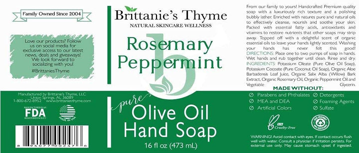 Brittanie27s Thyme Rosemary & Peppermint: Organic Hand Soap, 16 Oz - Made Olive Oil And Natural Luxurious Essential Oils. Vegan & Gluten Free (Rosemary & Peppermint)