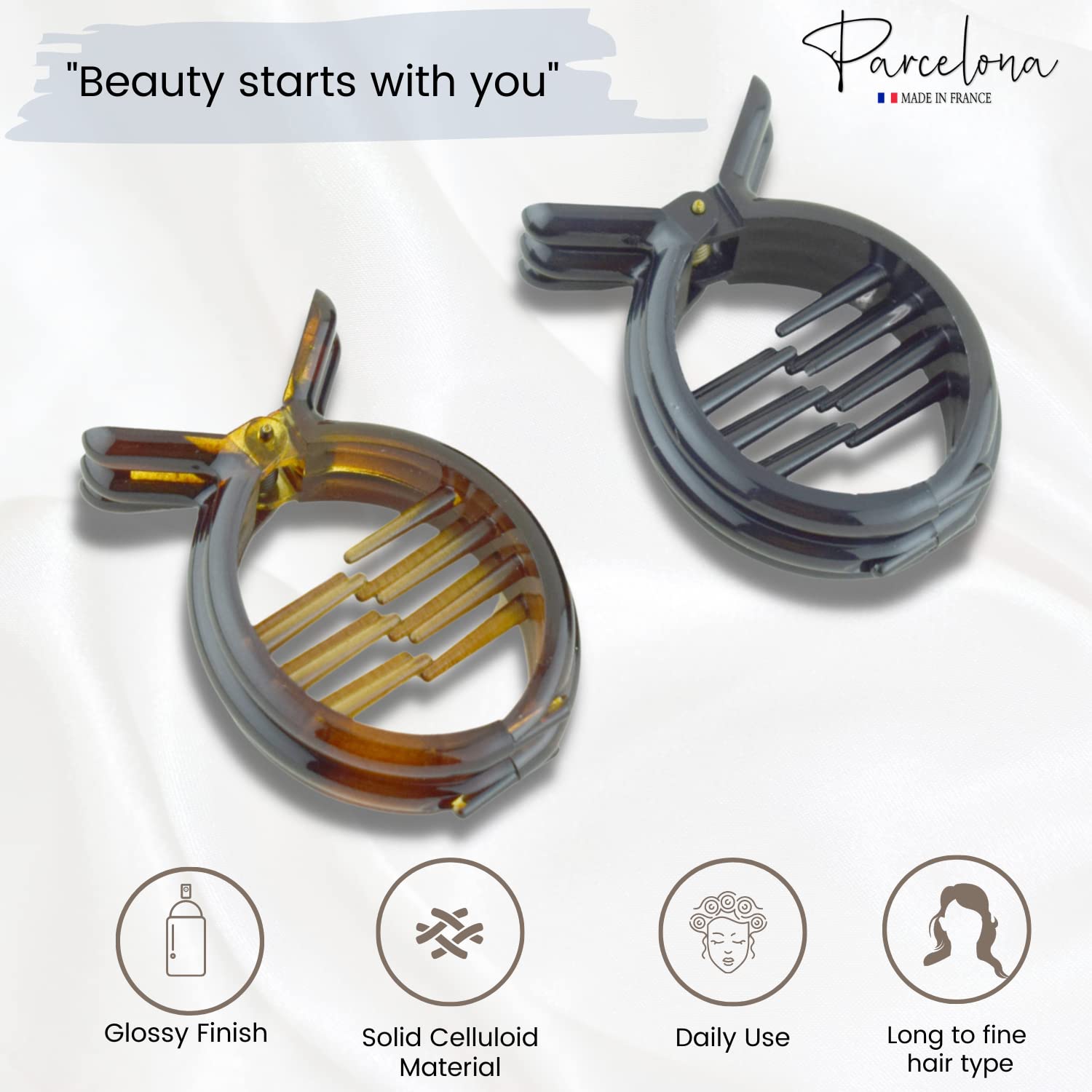 Parcelona French Round Inner Teeth Brown Shell and Black 3/4 Cellulose Made in France Strong Grip Set of 2 Pony Ties Piranha Fish Hair Clips for Women and Girls