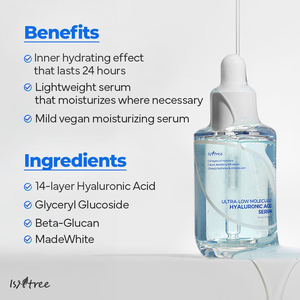 ISNTREE Ultra-low Molecular Hyaluronic Acid Serum 50ml, 1.69 fl.oz | Korean Skincare | Quick Absorbing | Deep Hydration & Skin Smoothing | Vegan Skincare
