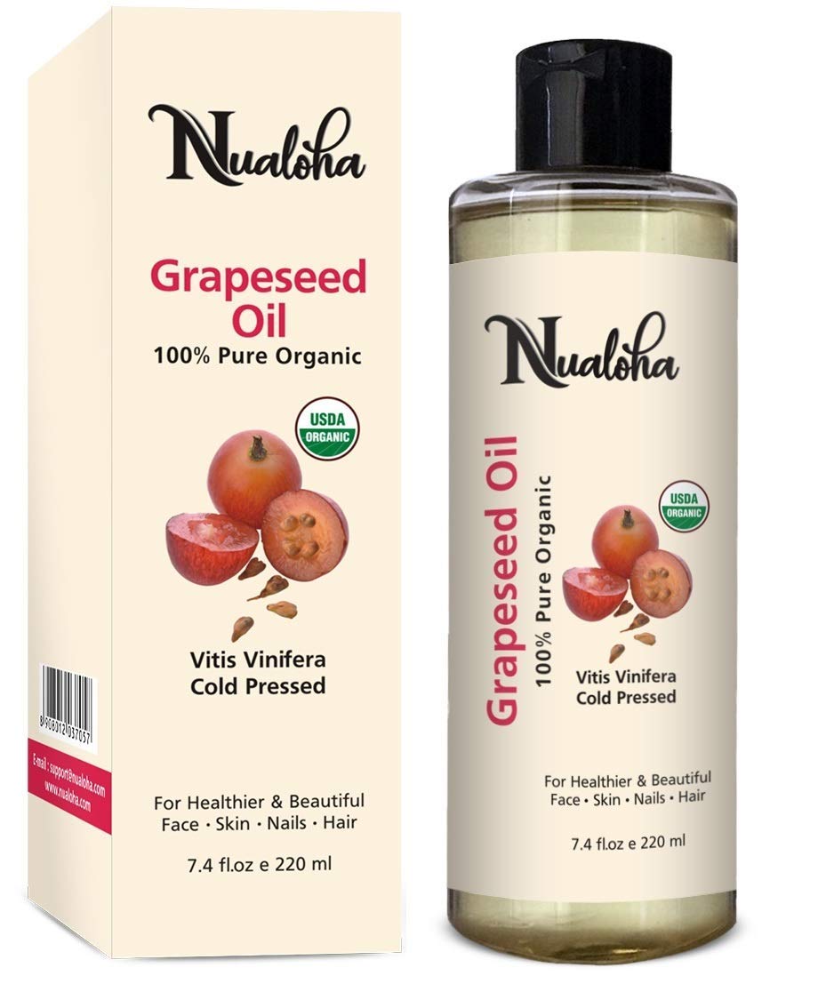 Nualoha Organic Grape Seed Oil, 100% Pure Cold Pressed Carrier Oil For Acne Prone Skin, Hair Care, Face Cleanser, Anti-Aging Moisturizer for Wrinkles and Stretch Marks -220 ML