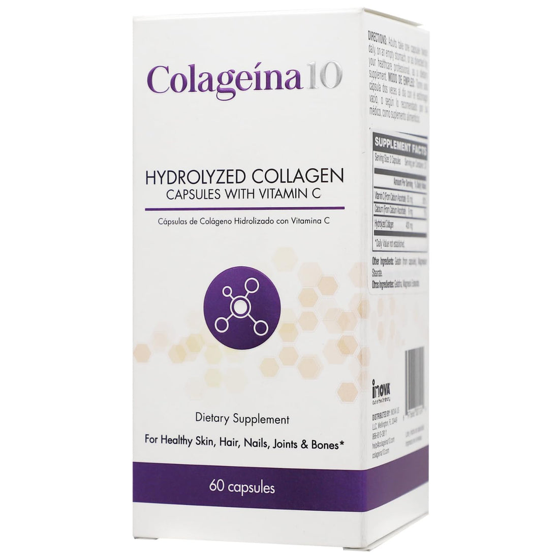 Colageina 10 Hydrolyzed Collagen Capsules with Vitamin C - Anti-Aging Dietary Supplement for Healthy Skin, Hair, Nails, Joints, and Bones - 60 Count