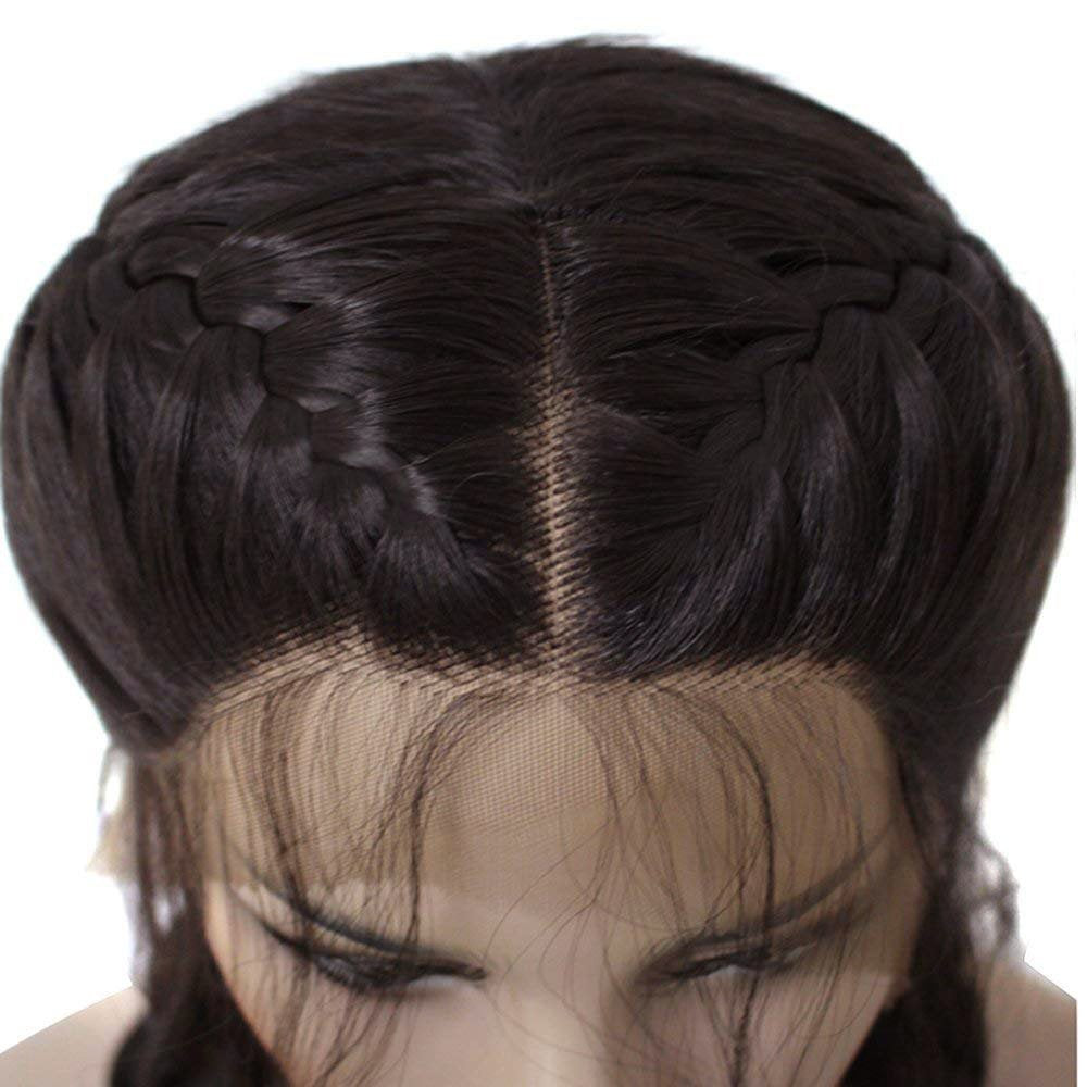 Anogol Hair Cap+Long Double Braids Black Synthetic Braided Lace Front Wig with Baby Hair Wigs Heat Resistant Fiber Middle Part