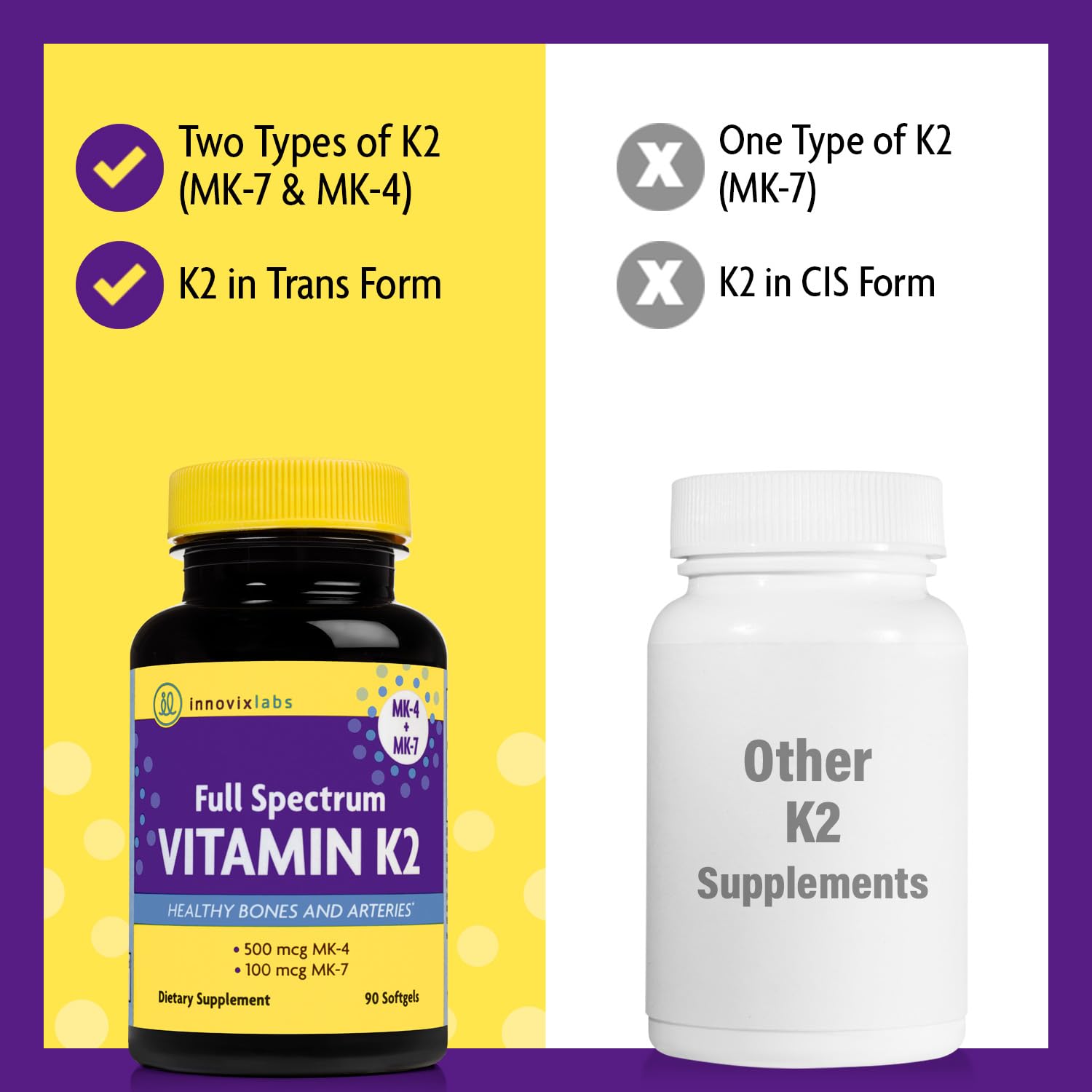 InnovixLabs Full Spectrum Vitamin K2-90 Softgels with 600 mcg of Trans Form MK7 and MK4 - Supports General Health and Bone Strength - Soy and Gluten Free K2 Vitamin Supplement