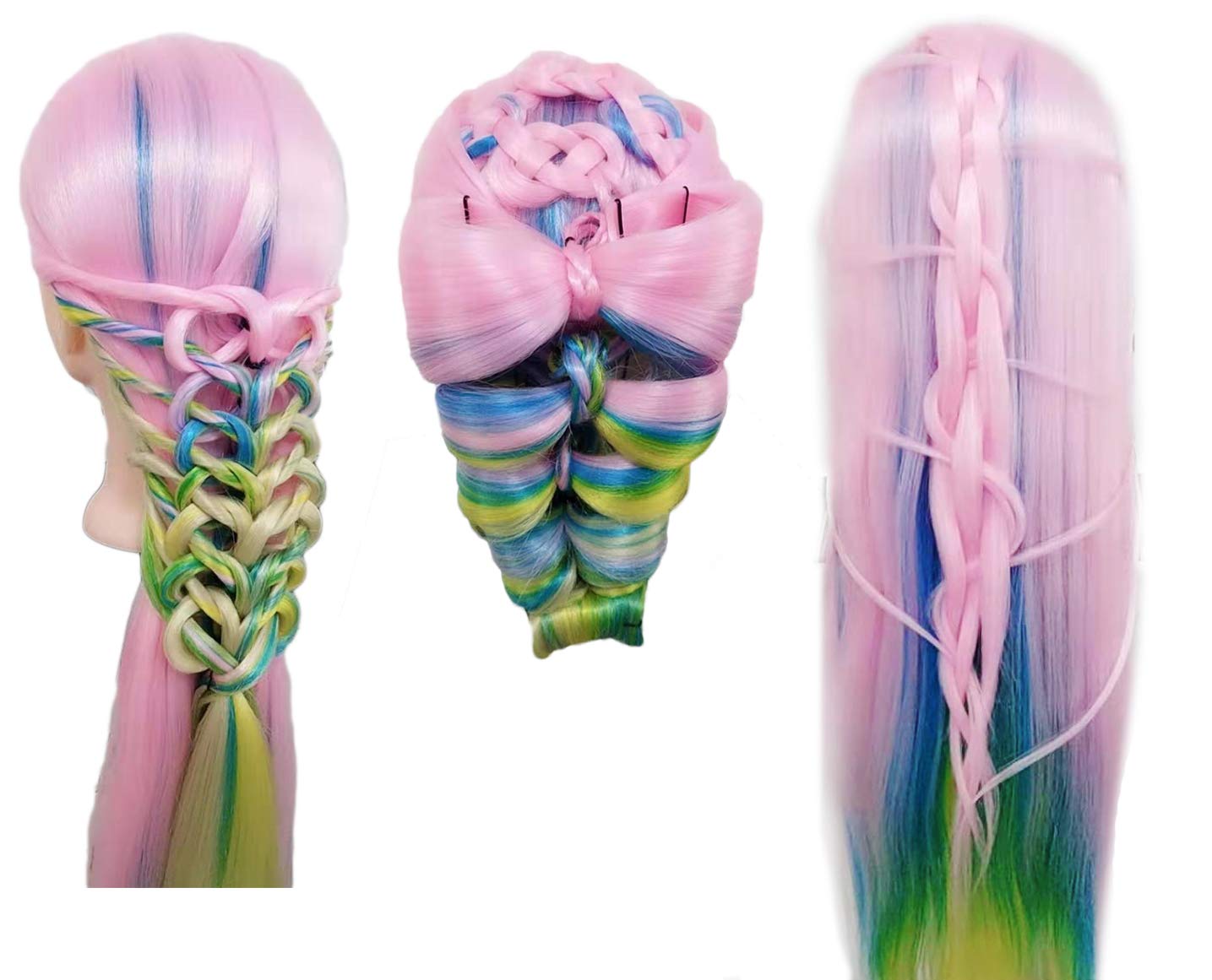 24 Cosmetology Mannequin Head 100% Synthetic Hair Rainbow Color, Practice Training Hair Styling Mannequin Head