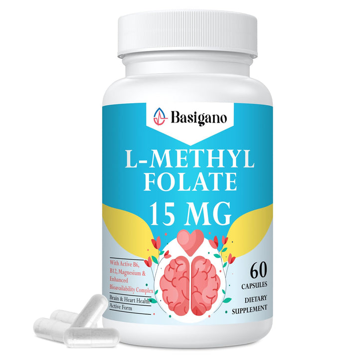 Basigano L Methylfolate 15mg (5-MTHF) - Active Folic Acid with B6 and B12 - Vegan, Gluten-Free, Dairy-Free (1 Pack)