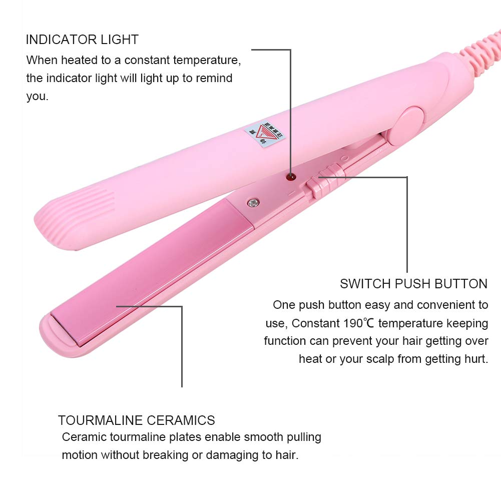 Hair Straightener Flat Iron, 2 in 1 Mini Bangs Hair Straightener Beauty Flat Iron Heating Curler Ceramic Tourmaline Plate Wave Straightener (Pink)